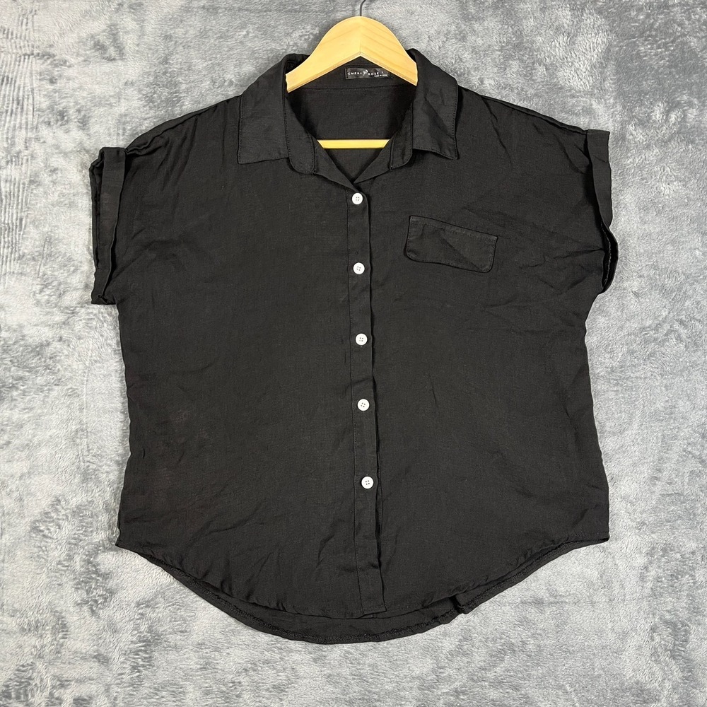 Emery Rose Blouse Top Womens L Black Cuffed Sleeve Curved Hem Button Front